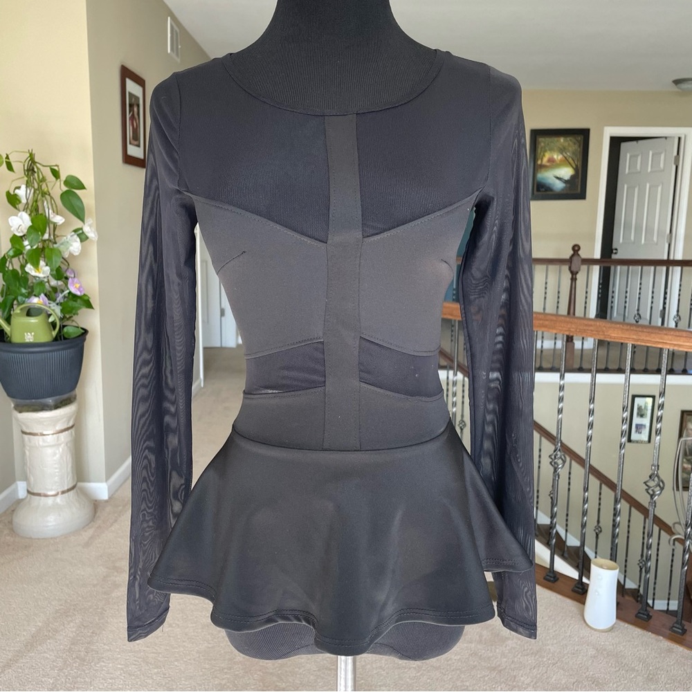 Black Peplum Top with Mesh Detail